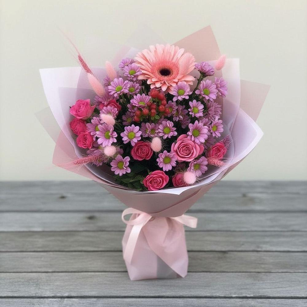 Букет цветов из: Розы, Герберы и Хризантемы в Гремячее