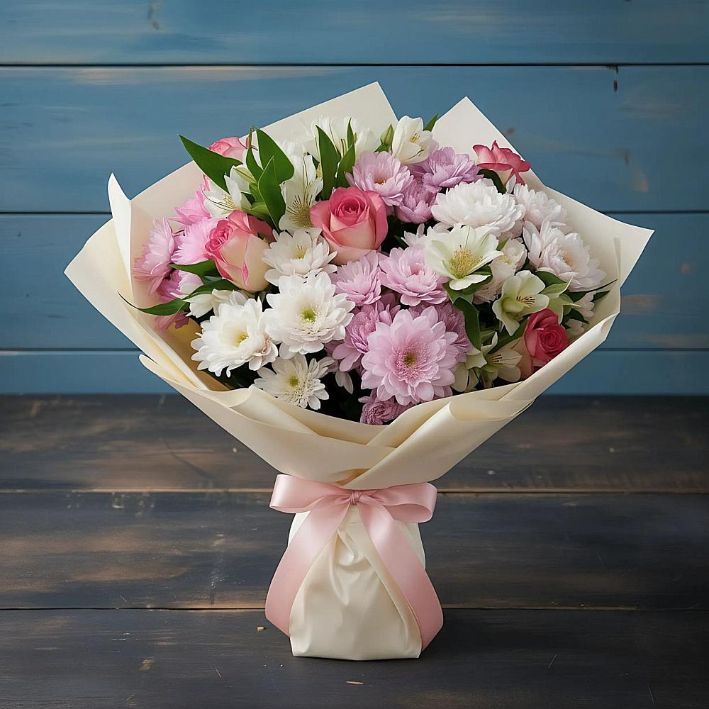 Букет цветов из: Хризантемы, Альстромерии и Розы в Гремячее